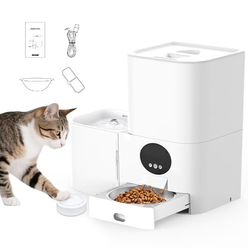 Smart WiFi Automatic Cat Feeder with Water Fountain - 5G App Control, Programmable Pet Food Dispenser, Voice Recording, 5L/20 Cups Capacity & 3L/100oz Water Tank (White)