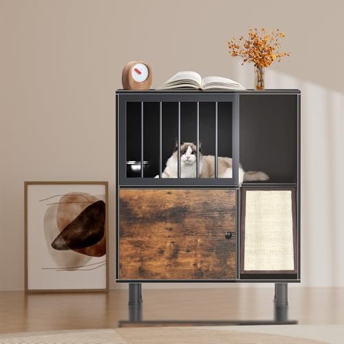 CYzpf Wood Cat Feeding Station with Storage Box and Removable Cat Bowl, Cat Condo with Scratching Board and Openable Grille Door, Cat Furniture Table for Indoor