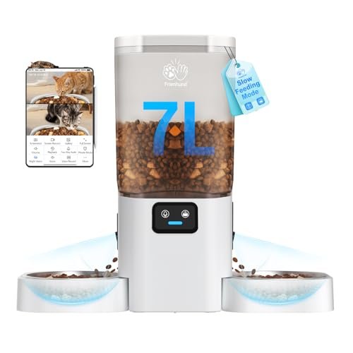 Frienhund Automatic Cat Feeder with 2 Camera for 2 Cats: 5G WiFi Automatic Dog Feeder with Night Vision & Slow Feed, 7L Auto Cat Food Dispenser for Multiple Pet, Detachable for Easy Cleaning - 29 Cup