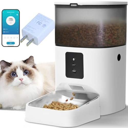 2.4G WiFi Automatic Cat Feeder, 4L Food Dispenser with 10s Voice Recorder, Pet Feeder up to 10 Meals per Day, Timed Cat Feeder with Dry Food Sealed Ring (White, 4L-WiFi)
