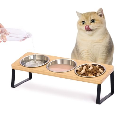 Lawfery Tigelas elevadas para gatos e filhotes, tigela de comida de gato inclinada a 15° compatível com bigodes, design antivômito com 3 pratos de aço inoxidável