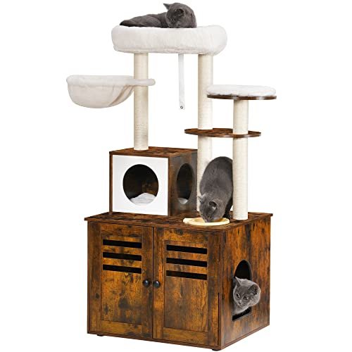 Heybly Cat Tree, Wood Litter Box Enclosure with Food Station, All-in-one Indoor Cat Furniture with Large Platform and Condo, Modern Style Cat Tower, Hammock, Rustic Brown HCT100SR