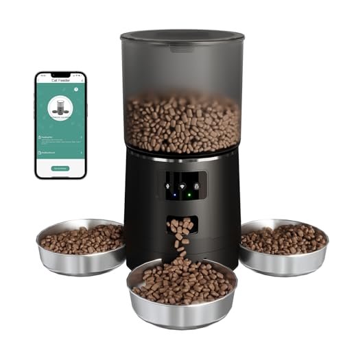 3-Cat Automatic Pet Feeder, 6L WiFi Cat Food Dispenser with APP Control, 1-10 Meal Programmable, Voice Recorder, Smart Alerts, Stainless Steel Bowls for Cats and Small Dogs (Black)