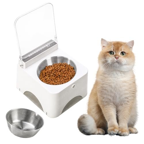 PICKFUN Dustproof Wireless Infrared Sensor Flip Top Cat Food Bowl - Automatic Cat Feeder for Indoor & Camping, Elevated, No Spill, Non-Slip, Raised Stainless Steel Food & Water Dog Bowl