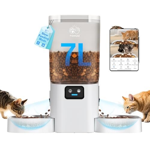 Frienhund Automatic Cat Feeder with Two HD Camera for 2 Cats: 7L Automatic Dog Feeder with Night Vision & Slow Feed, 5G WiFi Auto Cat Food Dispenser for Multiple Pet, Detachable for Cleaning - 29 Cup