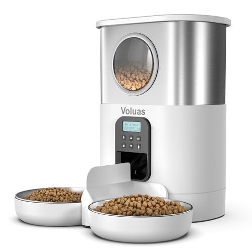 VOLUAS Automatic Cat Feeders for Two Cats,Stainless Steel 5L Pet Feeder for Cats and Dogs Timed Cat Feeder Pet Dry Food Dispenser, White