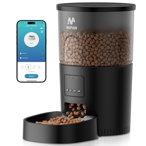 IMIPAW Automatic Cat Feeder, 5G WiFi Cat Food Dispenser with APP Remote Control, Pet Dry Food Smart Feeder, Programmable Timed Feeding, Dual Power Supply, 1-10 Meals Per Day
