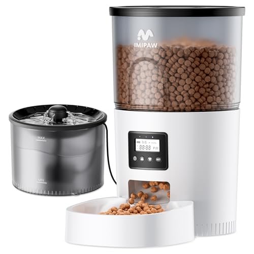 IMIPAW Automatic Cat Feeder and Water Fountain, Timed Pet Dry Food Dispenser, Programmable Portion Control, 1-6 Meals Per Day, Cat Fountains for Drinking with Filter, Small Pets (3L Combo)