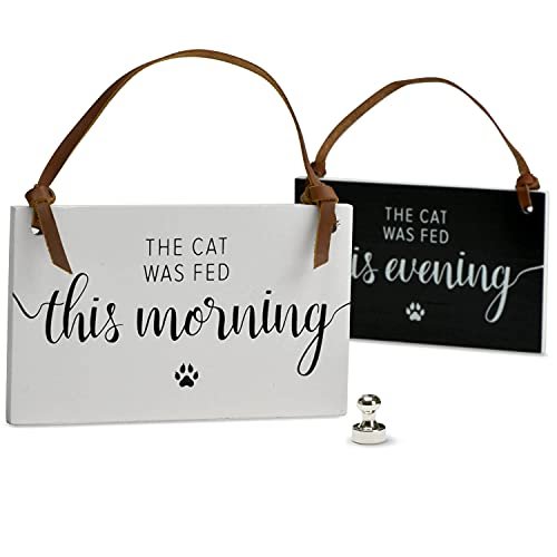 PYROH Cat Feed Reminder - Wooden Cat Feeding Schedule - Feed Cat Magnet Sign - Did You Feed The cat - AM/PM Indicator to Replace Cat Feeding Chart