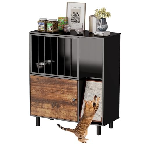 Qiaoxuan Dog Proof Cat Feeding Station, Cat Feeding Station Furniture with Storage and Cats Scratching Board, 2 Raised Pet Food and Water Bowl for Indoor Cats, Large Pet Cabinet