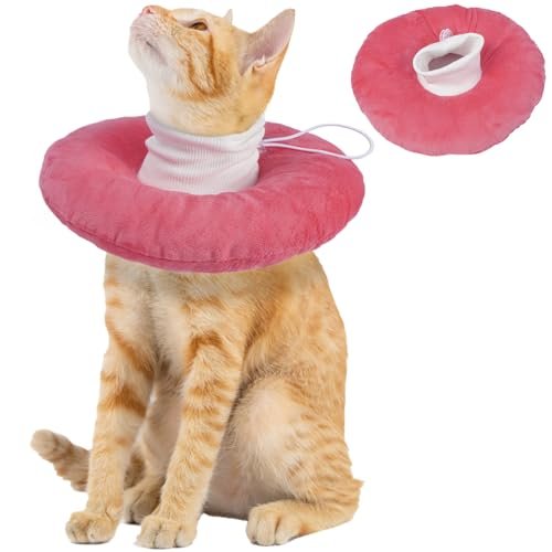 Cone e coleira ajustável para recuperação de gatos, coleira elizabetana confortável para parar de lamber, usada como travesseiro, proteção após cirurgia, adequada para doenças de pele e feridas, rosa