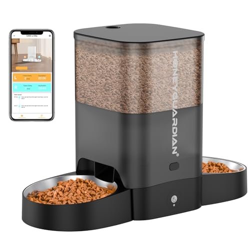 HoneyGuaridan Automatic Cat Feeder for Two Cats, 5G WiFi Smart Feed Pet Feeder with Stainless Steel Bowl,APP Control Dispenser, Dual Power Supply,Desiccant Bag,10s Meal Call Black
