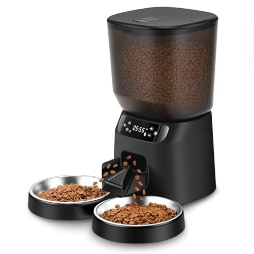 Automatic Cat Feeders for Two Cats, 5L/20 Cups Double Automatic Cat Food Dispenser with 2 Stainless Bowls, Timer Setting 20 Portions 6 Meals Per Day, 10s Meal Call, Pet Feeder for Dog (Black)