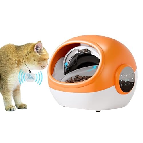 Automatic Cat Feeder with Collar Sensor, RFID Tag for Multi-Pet Identification, Microchip Pet Feeder & Adjustable Meal Setting, Dual Battery