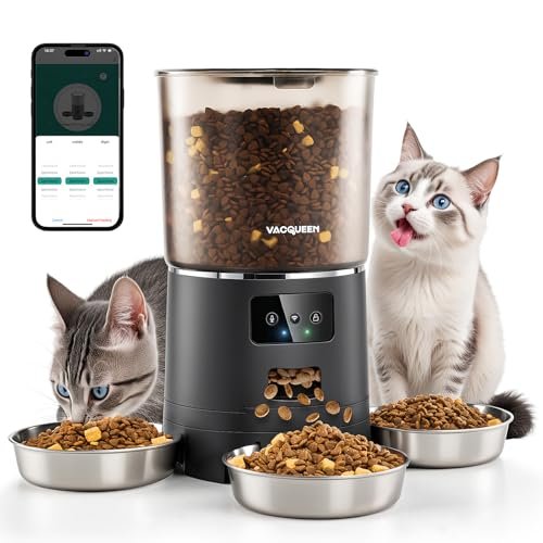Vacqueen Automatic Cat Feeder for 3 Cats, 6L/25 Cups Smart WiFi Pet Feeder, Strong Anti-Jam System, Dual-Effect Desiccant Cat Food Dispenser, with 10S Voice Recorder for Cats and Small Dog(Black)