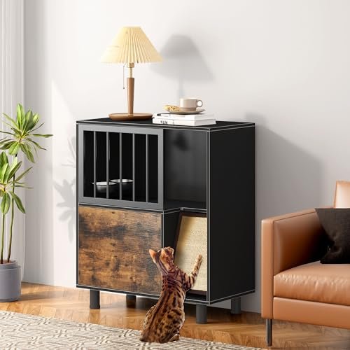 Wood Elevated Cat Feeding Station Dog Proof with Storage and Scratching Board