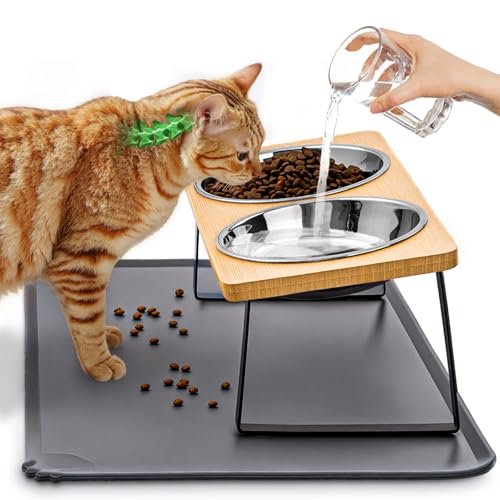 Elevated Cat Food Bowls with Mat Whisker Friendly, 15°Tilted Raised Cat Water Dishes Set for Anti Vomit, Pet Holder Stand Feeding Station for Indoor Kitten and Puppy Dog
