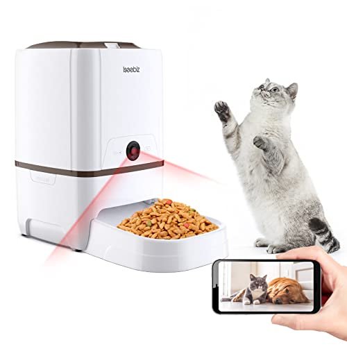 Iseebiz Automatic Pet Feeder with Camera, 6L App Control Smart Feeder Cat Dog Food Dispenser, 2-Way Audio, Voice Remind, Video Record, 6 Meals a Day for Medium Large Cats Dogs, Compatible with Alexa