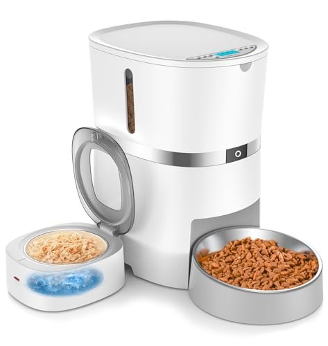 WellToBe Automatic Cat Feeder for Wet Food with Ice Pack and Freshness Dry Food Desiccant for Cats and Small Dogs, Timed Automatic Pet Feeder with Voice Recorder, 1-6 Meals Control, Dual Power Supply