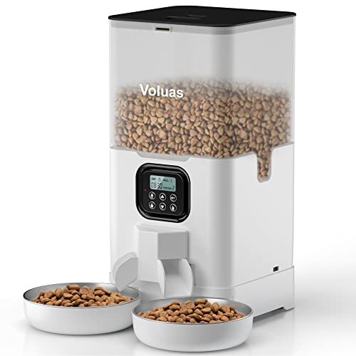 Voluas Automatic Cat Feeder for Two Cats, Double Pet Feeder with 2 Stainless Steel Bowls,6L Timed Cat Feeders with Memory Function