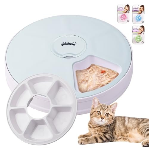 Pawise Automatic Cat Feeder, 6-Meal Programmable Pet Food Dispenser with Bird Chirp Sound Alert, Battery Operated, BPA-Free, Bonus Snack Ball Toy, for Cats & Small Dogs（Batteries Not Included