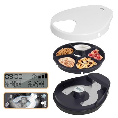 UBPET Cat Wet Food Automatic Feeder with Cooling, Semiconductor Refrigeration, with Timer, 5 Food Compartments for 330g Pet Food Each, Premium Meal Plates, Washable, for Cats