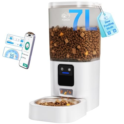 Frienhund Automatic Cat Feeder with Slow Feed: 5G WiFi Automatic Dog Feeder with Smart APP Control, Auto Cat Food Dispenser with Alexa for Multiple Pets, Detachable for Easy Cleaning - 29 Cup(7L)