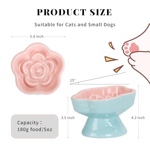 S&Q's CERAMICS Raised Slow Feeder Cat Bowl, Ceramic Elevated and Titled Glass Food Bowl Small Dogs Slow Feeder, Flower Shaped Cute Cat Dish for Dry and Wet Food (Pink, 5.8