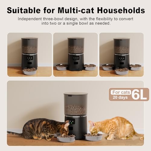 3-Cat Automatic Pet Feeder, 6L WiFi Cat Food Dispenser with APP Control, 1-10 Meal Programmable, Voice Recorder, Smart Alerts, Stainless Steel Bowls for Cats and Small Dogs (Black) - Image 3