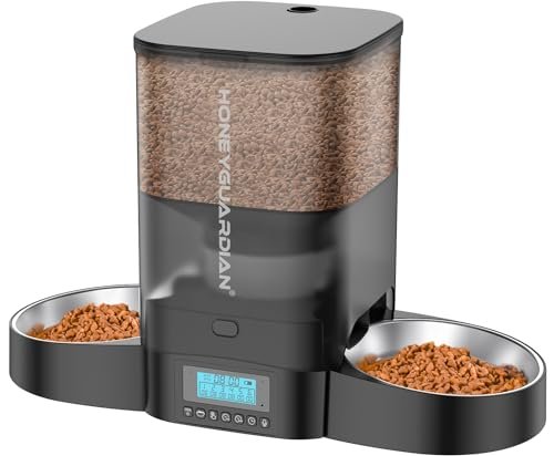 HoneyGuaridan Automatic Cat Feeder for Two Cats, Food Dispenser with Stainless Steel Bowl,Timed Cat Feeder Programmable 1-6 Meals Control, Dual Power Supply,10s Meal Call Black