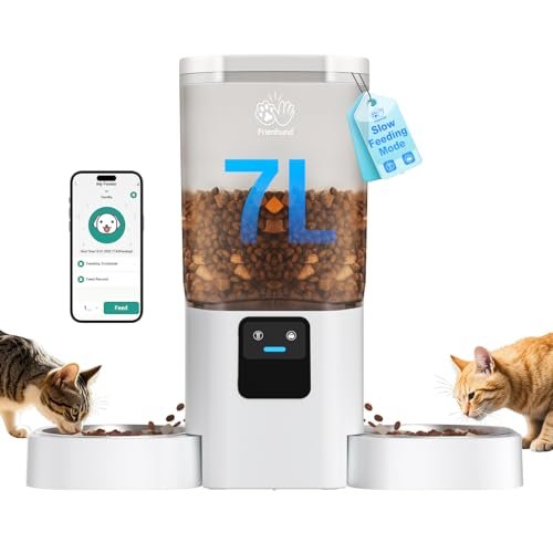 Frienhund Automatic Cat Feeder 2 Cats with Slow Feed: Dual Automatic Dog Feeder with 5G WiFi, Cat Food Dispenser with APP Control for Multiple Pets, Detachable for Easy Clean,Large Food Storage-29 Cup