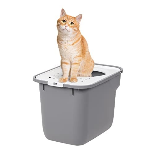 IRIS USA Cat Litter Box, Large Cat Box Enclosure, Top Entry with Litter Catching Lid, Enclosed, Gray/White