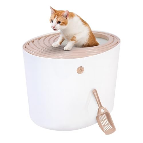 IRIS USA Cat Litter Box, Large Top Entry with Litter Catching Lid and Scoop, Dog Proof, Cat Box Enclosure, Beige/White