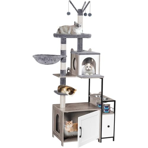 Snughome Cat Tree with Litter Box Enclosure, 3-in-1 Modern Cat Tower for Indoor Cats, 67.32’’ Hidden Cat Litter Box Furniture with Cat Condo, Food Station and Hammocks, All-in-one Cat Furniture