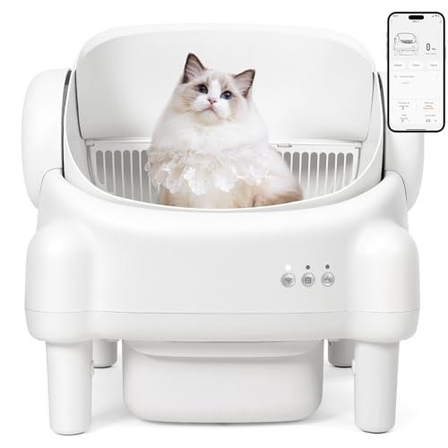 Paruuntys Automatic Litter Box,Open Top Self Cleaning Litter Box with App Control for Multiple Cats, Safety Sensors Protection, Odor Control Includes 2 roll Liners,Large Waste Bin, Cream White