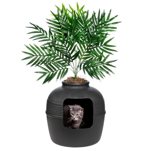 Good Pet Stuff Hidden Cat Litter Box Enclosure with Artificial Plant, Decorative Round Planter, Vented Carbon Charcoal Filter for Odor Control, Easy-to-Clean, Made in USA, Base Kit, Black