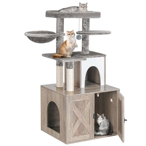 Snughome Cat Litter Box Enclosure with Tree Tower and Condo, Hidden Washroom Furniture with Sisal Scratching Post and Soft Plush Perch, Wooden Cat Furniture with Multiple Platforms, Grey