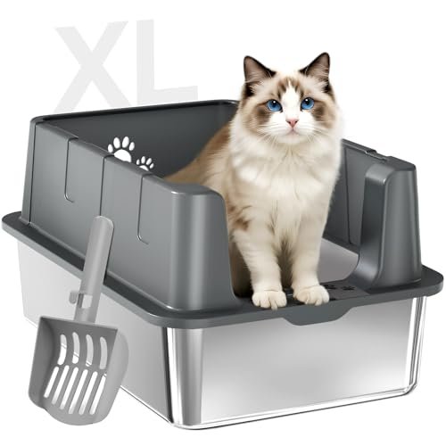Sousia Stainless Steel Cat Litter Box with Lid Litter Pan Enclosure, Extra Large Litter Box for Large Cats and Multiple Cats, Stainless Steel, Strong Sealing Interface, Anti Side Leakage