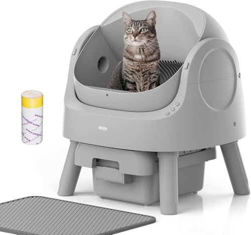 Self Cleaning Cat Litter Box, Open-Top Automatic Litter Box for Multiple Cats with Safety Sensors, Includes Liner Bags and Litter Mat, Grey
