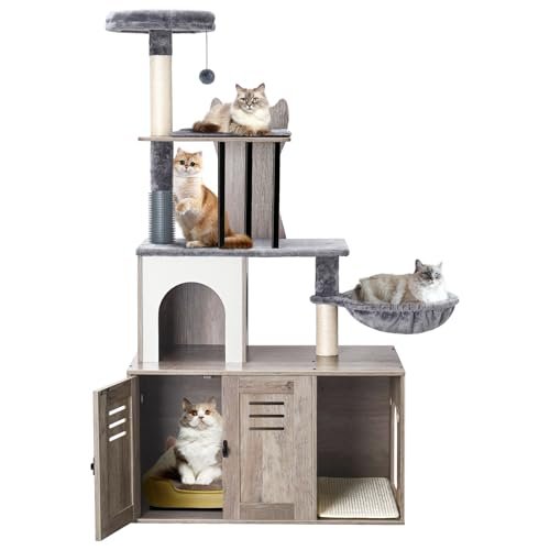 Snughome Cat Tree with Litter Box Enclosure Furniture, 2-in-1 Modern Cat Tower, 58.66’’ Wood Cat Condo with Scratching Post and Hammock, Indoor Pet Furniture with Large Platform, Grey