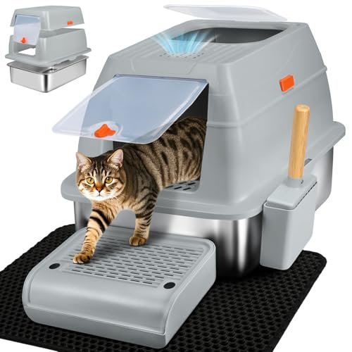 SZEE XL Stainless Steel Litter Box, Top Exit Design, Non Stick, No Smell, Easy Cleaning, Activated Charcoal Odor Control Design, Half/Fully Enclosed Design, Footboard, Trapping Mat & Scoop Included