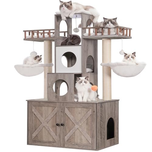 Heybly Cat Tree with Litter Box Enclosure for Indoor Big Cat, Cat Tower for Large Cats 20lbs Heavy Duty, Modern Cat Condo Furniture with Scratching Posts, Rustic Gray HCT110SG