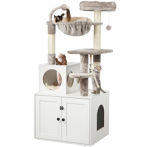 Timberer Cat Tree with Litter Box Enclosure, 2-in-1 Cat Tower for Indoor Cats, Large Wood Cat Condo with Basket, Scratching Posts, Pompoms, White
