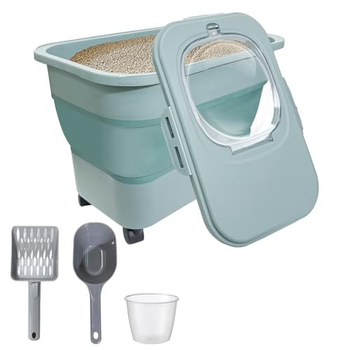 Collapsible Cat Litter Storage Container with Rolling Casters,20 Lbs Cat Litter Storage with Wheels,Airtight Lids,Cat Litter Shovel,Portable Cat Litter Storage Bin Container,BPA Free (Green)