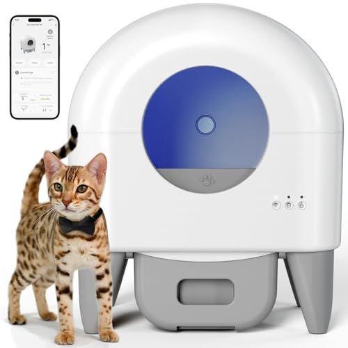 Fumoi Self Cleaning Litter Box, Automatic Cat Litter Box Self Cleaning Large Capacity for Multiple Cats, App Control with Safety Sensors, Removable Washable Liner,2 Rolls Garbage Bags,Grey