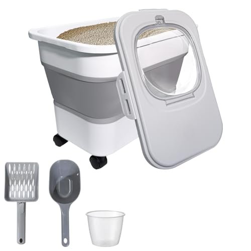 Collapsible Cat Litter Storage Container with Rolling Casters,20 Lbs Cat Litter Storage with Wheels,Airtight Lids,Cat Litter Shovel,Portable Cat Litter Storage Bin Container,BPA Free (Gray)