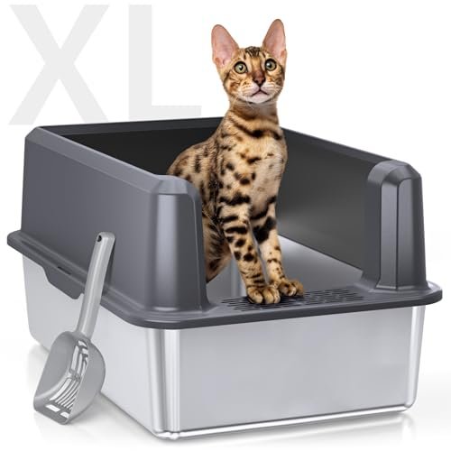 WoofiGo Enclosed Stainless Steel Cat Litter Box with Lid, XL Extra Large Litter Box for Big Cats, Metal Litter Pan High Sided, Never Absorbs Odors, Anti-Urine Leakage, Easy Cleaning, Include Scoop