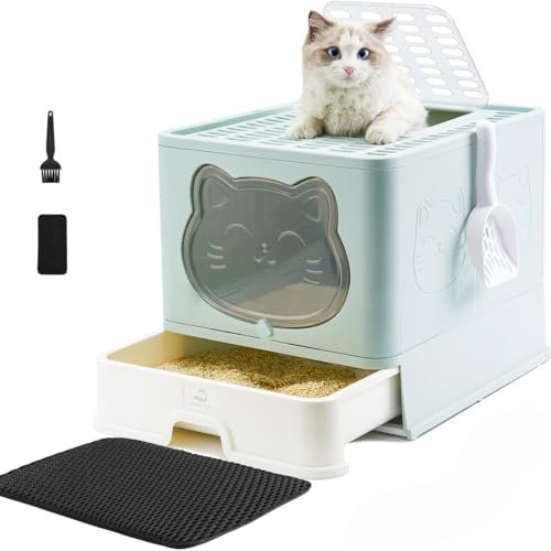 HelloMiao Fully Enclosed Litter Box with Lid, Foldable Extra Large Cat Toilet, Drawer Type Cat Litter Tray with Plastic Scoop, Suitable for Cats Under 17.6Ib(8kg)