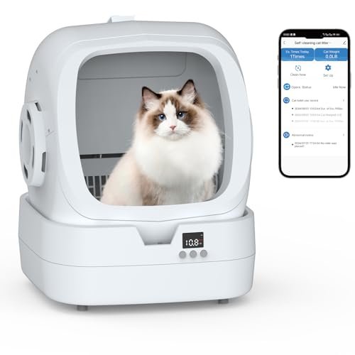 Mintakawa Automatic Cat Litter Box Self Cleaning - APP Control and Weight Monitoring - Ultra-Quiet, Suitable for Medium Cats and Kittens, Safe Anti-Pinch Litter Box (Assembly Required) - White