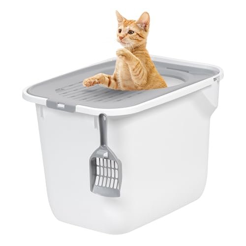 IRIS USA Cat Litter Box, Large Cat Box Enclosure, Top Entry with Litter Catching Lid, Enclosed with Scoop, White/Gray